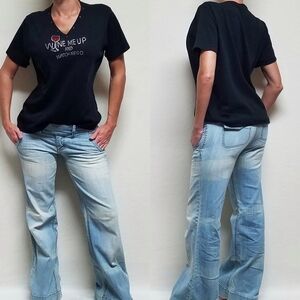 VINTAGE 1990s Get Lucky Handmade Wine Me Up And Watch Me Go Black Bling Tee XL
